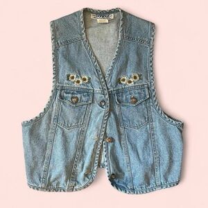 Vintage Denim Vest with Floral Embroidery